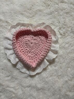 Handmade Soft Pink Crochet Heart Tray — Women Accessories